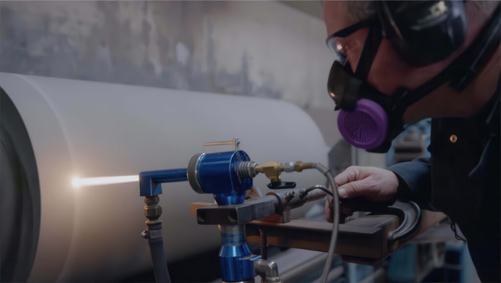 A masked man operates a machine to cut a sheet of paper in a workshop setting.