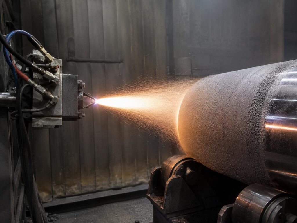 A machine sprays water onto a metal pipe, demonstrating a cooling or cleaning process in an industrial setting.